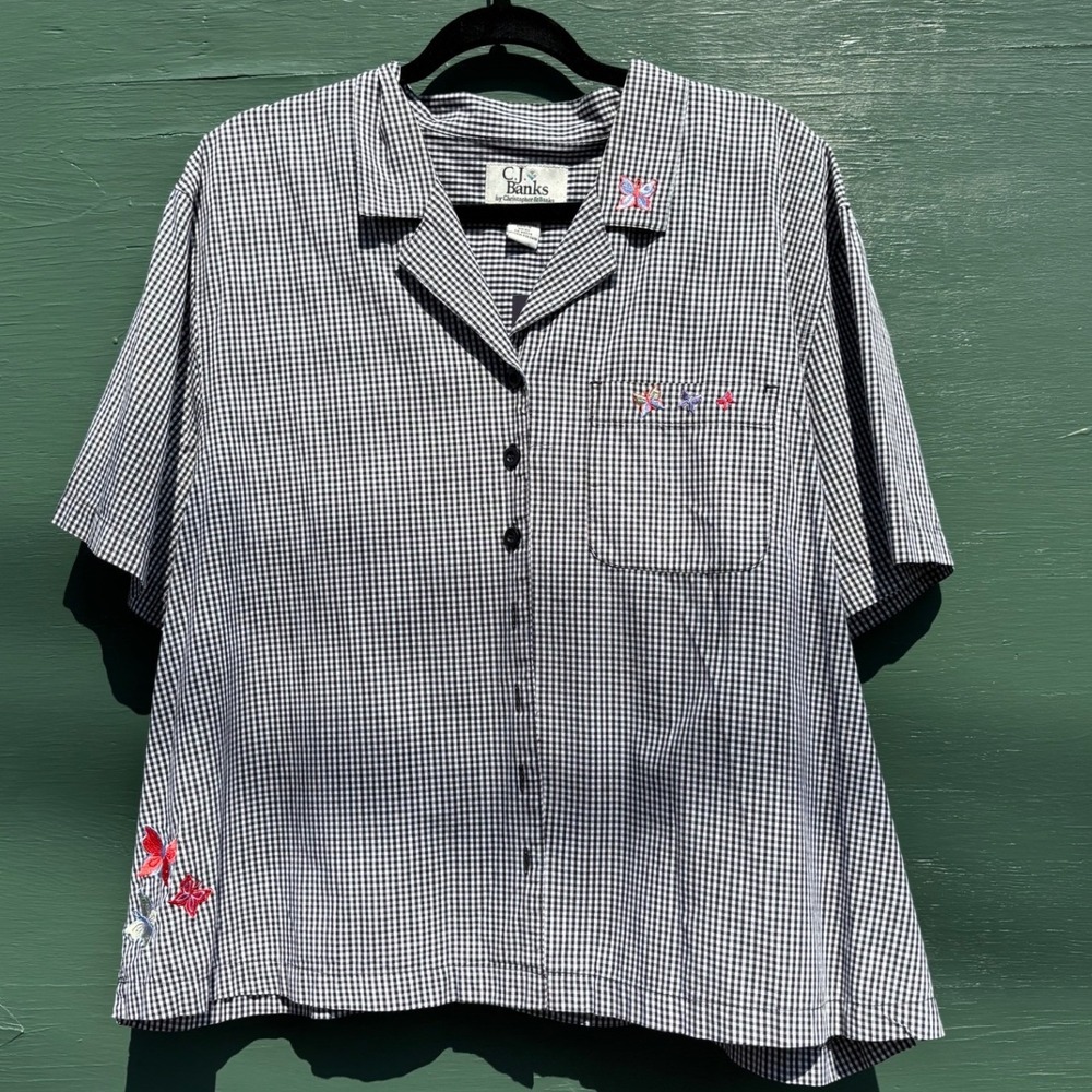 Vintage Gingham Butterfly Embroidered Shirt Black White Grandma Cottage Whimsy2X